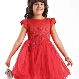 Mark & Mia Cap Sleeves Knee Length Partywear Frock with Floral Applique  -Red image 1