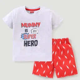 Babyhug Cotton Half Sleeves Night Suit With Text Print - White & Red-image-9