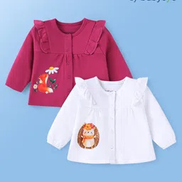 Babyoye 100% Cotton Knit Solid Dyed Full Sleeves Jhablas with Frill DetailingFox & Floral Print Pack of 2 - White &Pink image 1