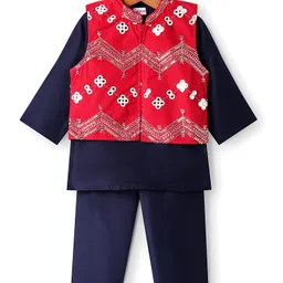 Babyhug Woven Full Sleeves Kurta & Pajama Set with Mirror Work & Embroidered Waistcoat - Navy Blue-picture-21