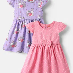Babyhug Single Jersey Knit Cap Sleeves Bunny & Heart Printed Frocks With Bow Applique Pack of 2 - Pink & Purple-picture-21