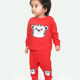 Ariel Pure Cotton Full Sleeves Baby Tiger Printed Coordinating Tee & Joggers Set - Red-picture-21
