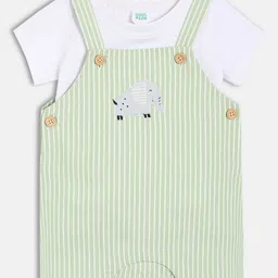 MINI KLUB Cotton Knit Striped & Elephant Patch Embroidered Dungaree With Half Sleeves Tee - White & Green-picture-16