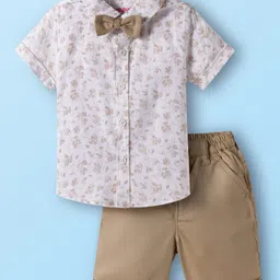 Babyhug Cotton Woven Half Sleeves Shirt & Shorts Set with Bow & Floral Print - Brown & Beige-picture-13