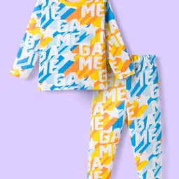 Babyhug Cotton Knit Full Sleeves Co-ords Night Suit With Text Print - Yellow & White-picture-14