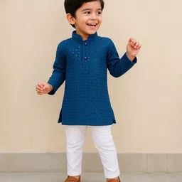 Lagorii Cotton Blend Woven Full Sleeves Sequins Embroidered Kurta Pyjama Set - Blue-picture-16