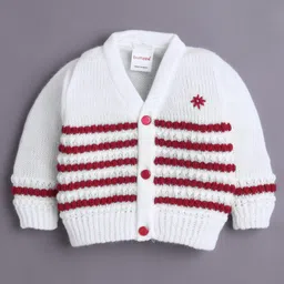 BUMZEE Knit Full Sleeves Striped Cardigan With Caps & Socks - White & Maroon image 3