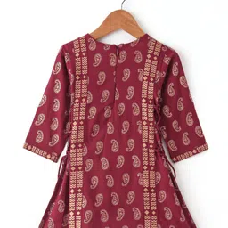 Babyhug Three Fourth Sleeveless Foil Printed Kurta Lehenga Set With Dupatta - Maroon image 3