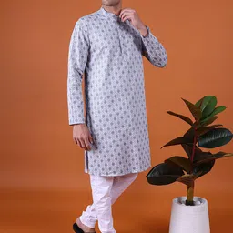 NAMASKAR Geometric Printed Mandarin Collar Straight Kurta With Churidar-image-3