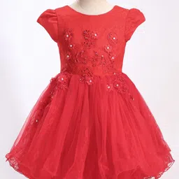 Mark & Mia Cap Sleeves Knee Length Partywear Frock with Floral Applique  -Red image 4