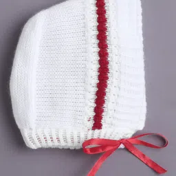 BUMZEE Knit Full Sleeves Striped Cardigan With Caps & Socks - White & Maroon image 5