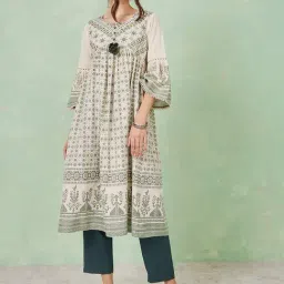 Styli Off-White & Green Cotton Printed A Line Kurta-image-32