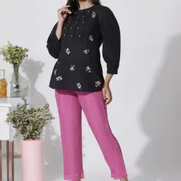 W Black Cotton Embroidered Top image 5