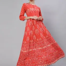 Ishin Peach Cotton Printed Anarkali Kurta-image-3