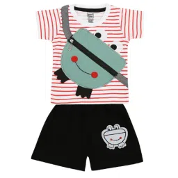 Mee Mee Kids White & Black Striped Smile Patch Detailing T-Shirt with Shorts-picture-14