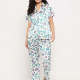 Clovia White Floral Print Shirt & Pyjama Set-picture-18
