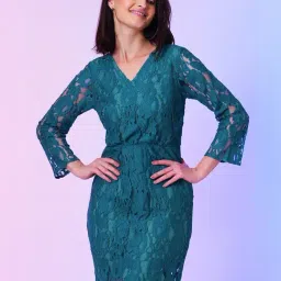 Globus Teal Self Design A Line Dress-image-53