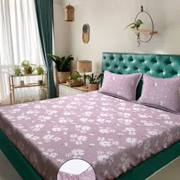 KLOTTHE Purple Floral 300TC Fitted King Double Bedsheet With Pillow Covers- 2.5mx2.25m-picture-31