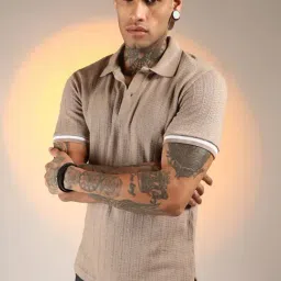 Campus Sutra Beige Regular Fit Self Pattern Polo T-Shirt-image-86