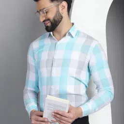 Indian Needle Sky Blue Regular Fit Check Cotton Shirt-image-61