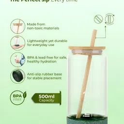 IMECO Green Borosilicate Glass Sipper Bottle With Bamboo Lid & Reusable Straw 500 ml image 5