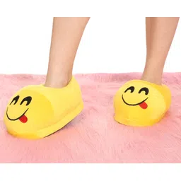 qualtos Yellow Smiley Warm Shoes Emoji Bedroom Slipper Free Size Indoor Slipper Funny Soft Plush for Adults Kids Teens Bedroom Smiley Poop Comfy Socks Womens Girls Non-Skid Footpads image 4
