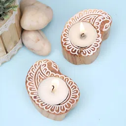 Aapno Rajasthan Cream And Brown 2 Pieces Wooden Candle Holders image 4