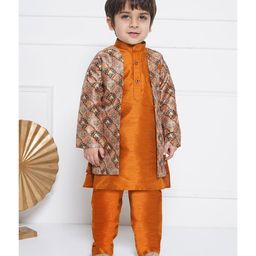 AJ Dezines Raw Silk Full Sleeves Motif Printed Sherwani Set - Rust Orange-picture-0