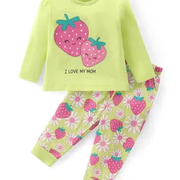 Babyhug Cotton Knit Full Sleeves Night Suit With Strawberry & Floral Print - Green image 1