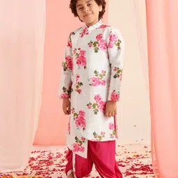 Pspeaches Full Sleeves Floral Printed Asymmetrical Kurta With Dhoti - Firozi image 1