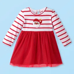 Babyhug Cotton Knit Full Sleeves Dress With Santa Claus Embroidery - White & Red-picture-10