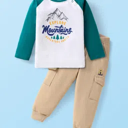 Babyhug Single Jersey Knit Raglan Sleeves T-Shirt & Joggers with Text Print - White Green & Tan-picture-11