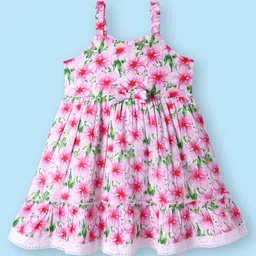 Babyhug Cotton Knit Sleeveless Frock with Floral Print & Bow Applique - Pink & Green-picture-37