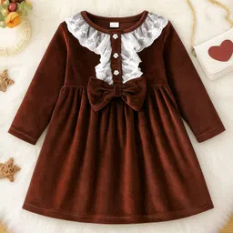 Mark & Mia Woven Full Sleeves Frock with Bow & Lace Detailing - Brown-picture-11