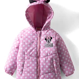 Babyhug Disney Woven Full Sleeves Hooded Winter Jacket With Minnie Mouse Graphics & Ear Bow Applique - Pink-picture-33