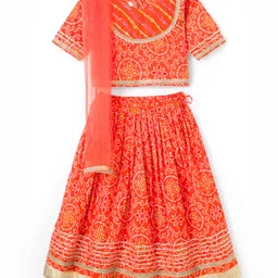 Teentaare Cotton Woven Half Sleeves Motif Printed Choli Lehenga Set with Dupatta & Lace Detailing - Orange-picture-12