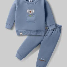 Mini Taurus Cotton Knit Full Sleeves Winter Wear Night Suit With Bear Embroidery - Blue-picture-31