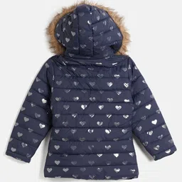 OKANE Full Sleeves Solid Colour Padded Jacket with Detachable Hood and Pockets & Heart Print - Navy Blue image 2