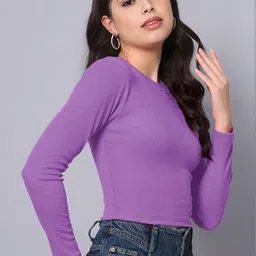 Maheshvi Women Ribbed Round Neck Long Sleeves Fitted Crop Top image 3