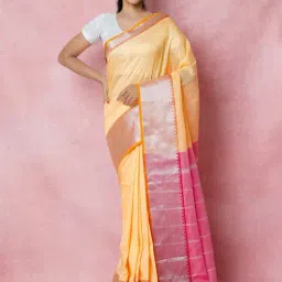 Unnati Silks Yellow & Pink Silk Woven Saree With Unstitched Blouse-image-5
