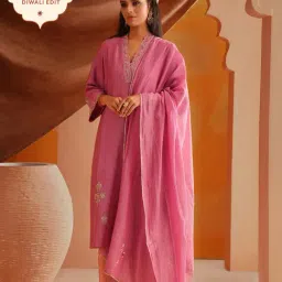 Jaypore Onion Pink Tissue Cotton Collection Hand Embroidery Dupatta-picture-39