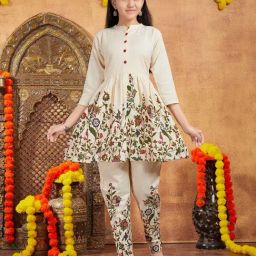 Aarika Kids Cream Cotton Floral Print Kurti Set-picture-12