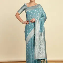 Soch Womens Turquoise Blue Woven Design Jacquard Weave Tussar Saree With Tassels-picture-14
