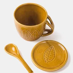 Fabindia Home Roma Ochre Ceramic Casted Mug With Lid & Spoon (280ml) image 5