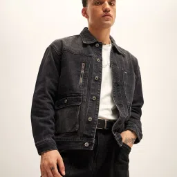 The Bear House Black Cotton Regular Fit Denim Jacket image 5