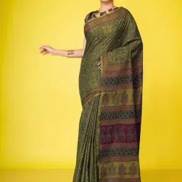 Unnati Silks Green Cotton Printed Saree With Unstitched Blouse-picture-14