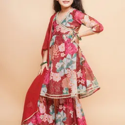 BAESD Girls Floral Printed Angrakha Kurta with Sharara & With Dupatta image 4