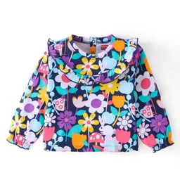 Babyhug Cotton Knit Full Sleeves Top with Floral Print & Frill Detailing - Navy Blue-picture-13