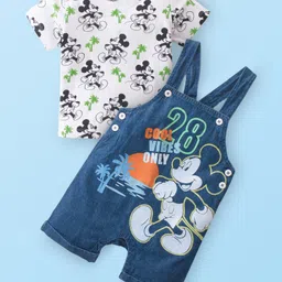 Babyhug Disney 100% Cotton Knit Dungaree & Half Sleeves T-Shirt With Mickey Mouse Print - White & Blue-image-69
