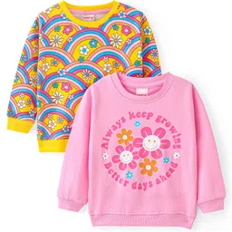 Babyhug Cotton Knit Full Sleeves Sweatshirts With Rainbow & Floral Print Pack of 2 - Pink & Yellow image 1